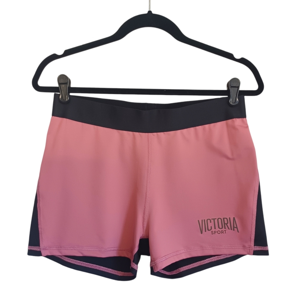 VICTORIA SECRET SPORT Pink Black Colorblock Pull On Stretchy Mini Bike Shorts L